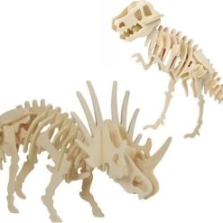 Merkloos Houten 3D Dieren Dino Puzzel Set T-rex En Styracosaurus - Speelgoed Bouwpakketten